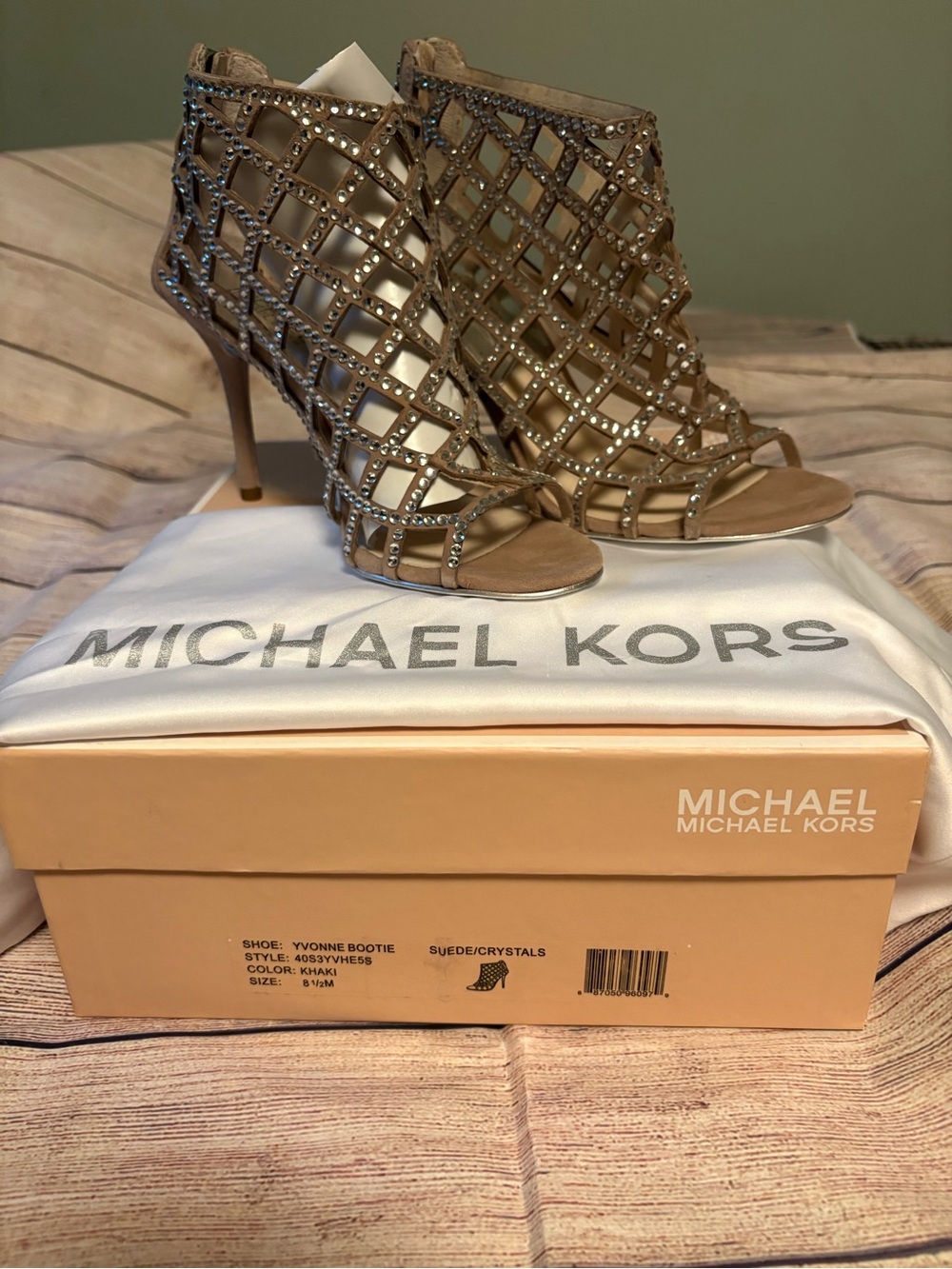 Michael Kors Taupe Crystal Lattice Open-Toe Booties